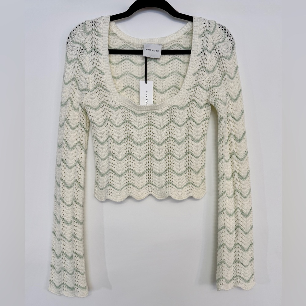 Pink Rose Cream & Light Green Crochet Scoop Neck Sweater